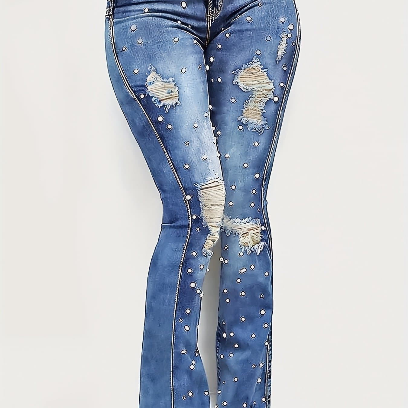 TEMU Women's High Waisted Slim Straight Leg Bell Bottom Jeans - Stretch Denim With Ink Print, Multiple Pockets & Distressed Details, Built-in Zipper Closure, Casual Pants, Stylish Streetwear | Medium
