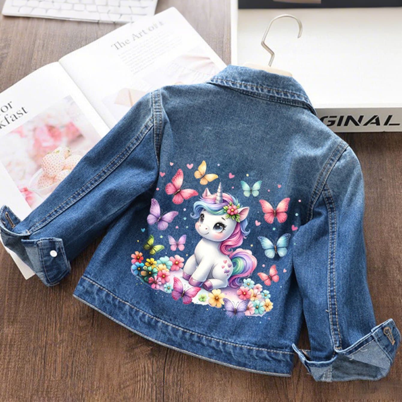 TEMU Girls' Christmas Cartoon Print Spring Denim Clothes, Girls' Autumn New Long Sleeved Top, Solid Color Single Breasted Denim Jacket
