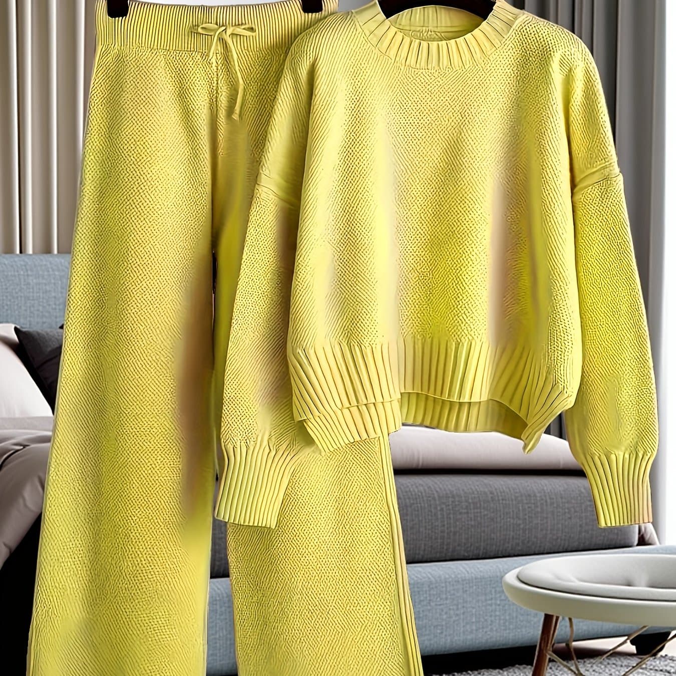 TEMU Women's Early Spring Vintage Style Seed 2pcs Set – Jacquard Sweater With Textured Seed Pattern And Flowy Wide-leg Pants, Breathable, Comfortable, And Loose Fit, Early