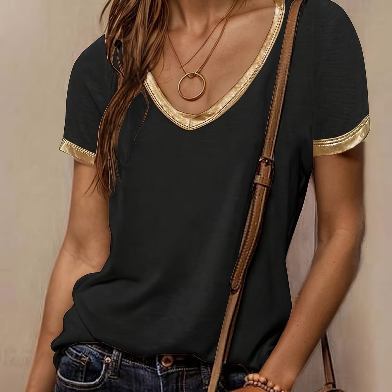 TEMU Women's Elegant Spliced Collar Short Sleeve T-shirt - Collar Suitable For - Wear, Solid Color Non- Top, Machine Washable Layering Piece For Casual & Professional Outfits