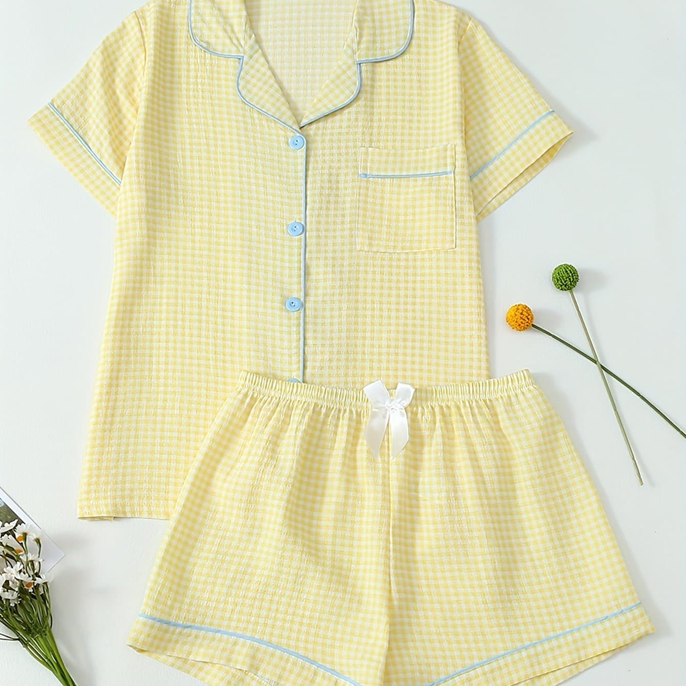 TEMU Women's Stylish Yellow Checkered Minimalist Pajama Set, Featuring A Short-sleeve Top And Shorts With A Collar, In A Two-piece Ensemble