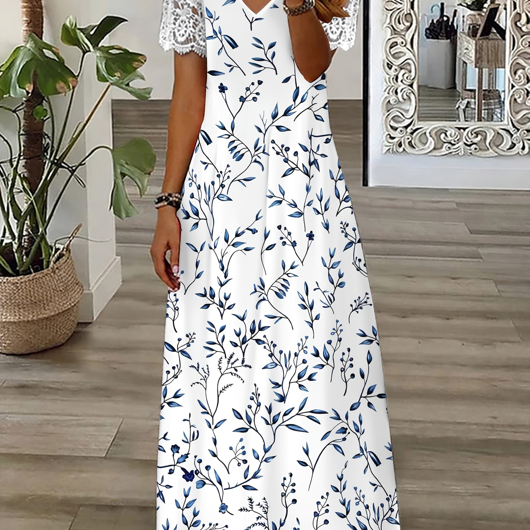 TEMU Elegant Women's Directional Lace Sleeve Splicing Printed Dress Trendy Printed Women's Long Dress