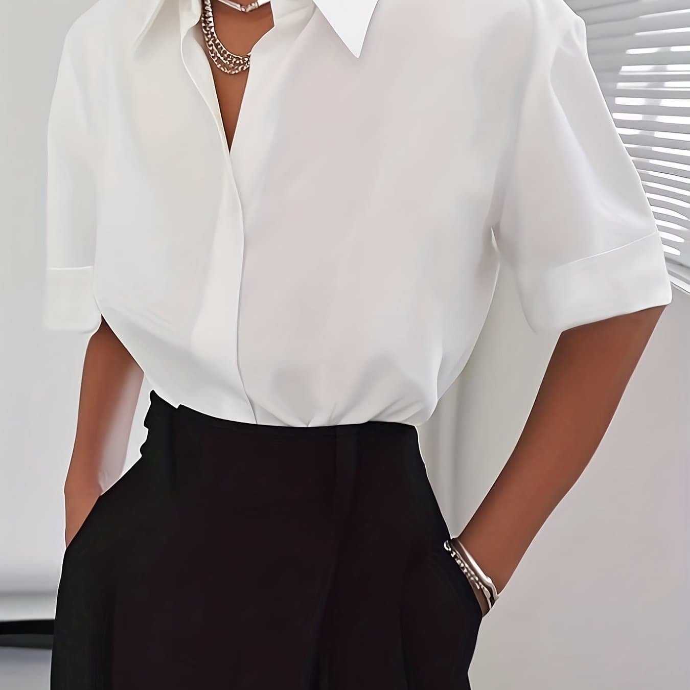 TEMU Women' Color Elegant Neckline Short Sleeve Shirt