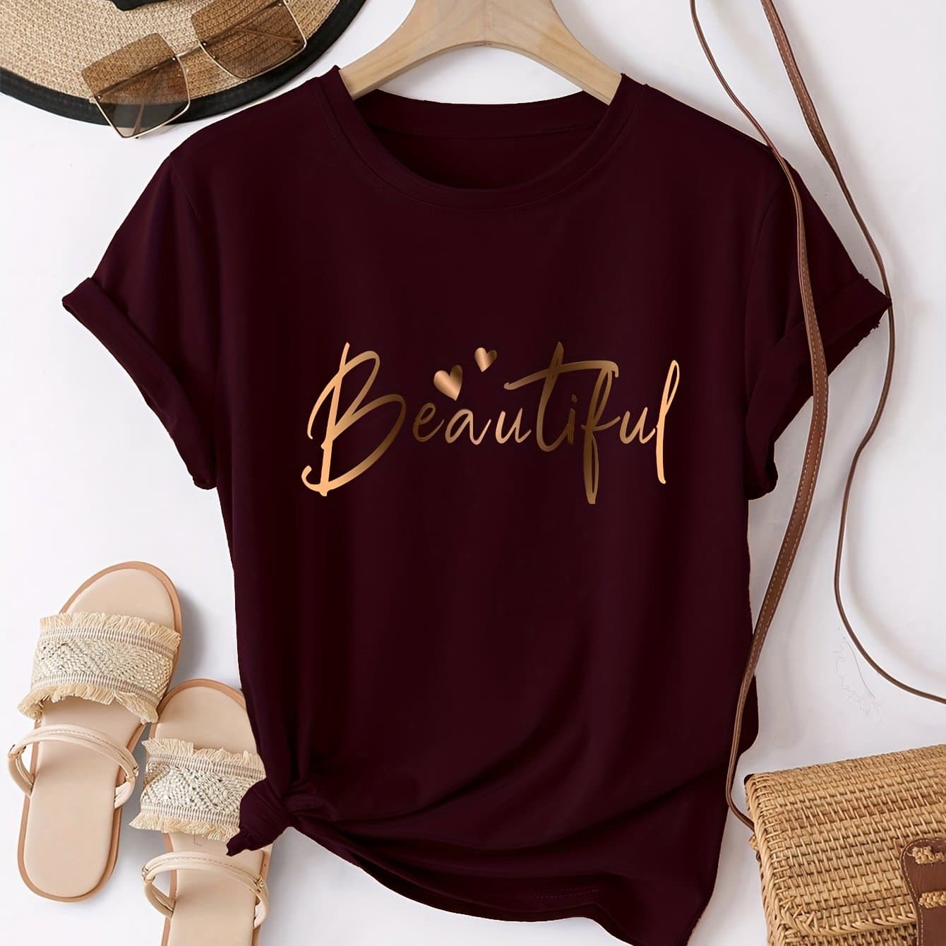 TEMU Spring Summer Easy Round Neck Fashion Loose Versatile Casual Short Sleeve T-shirt Heart Letter Women's Top Pattern