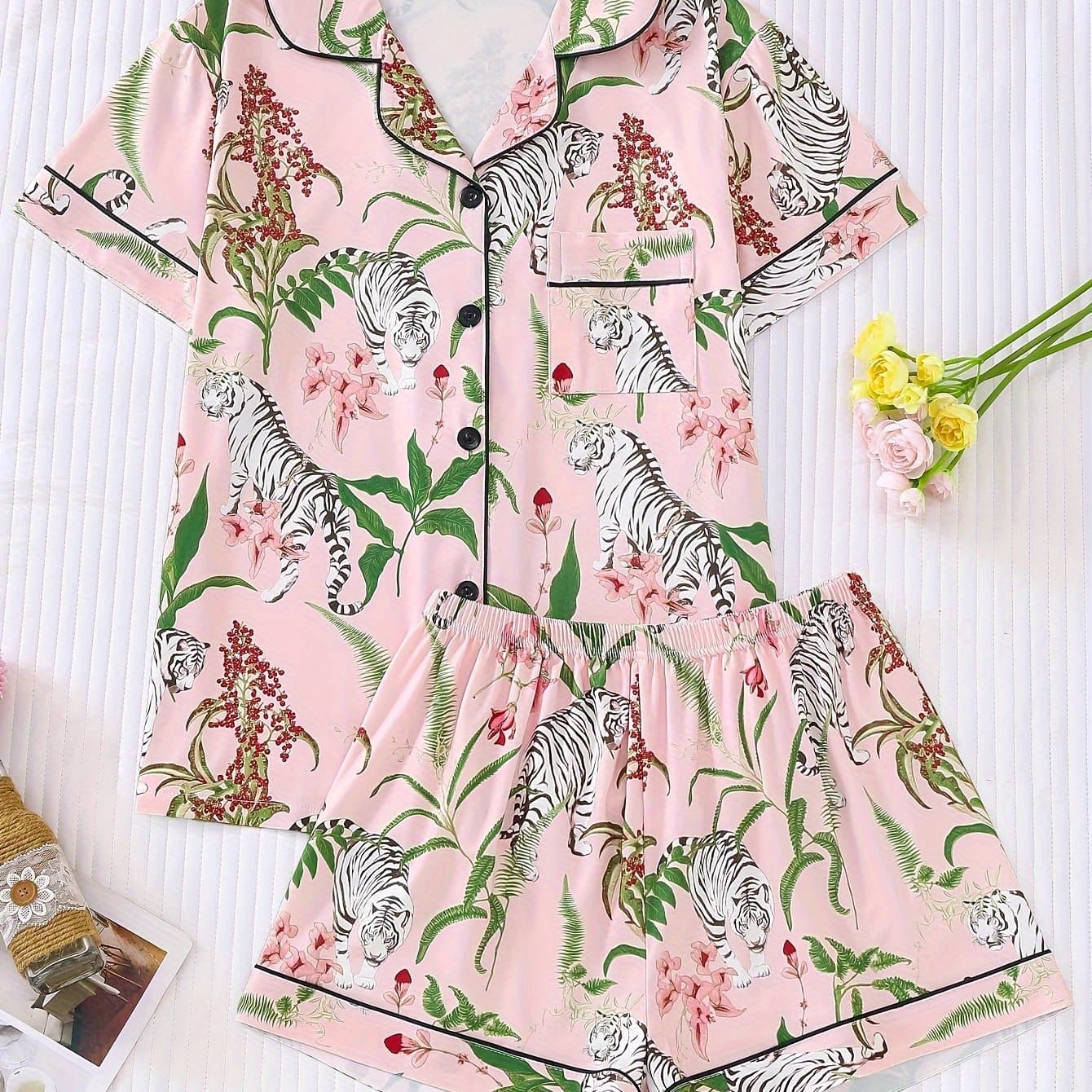 TEMU Women's Casual Floral Tiger Print Pajama Set, Featuring A Button-up Short Sleeve Top With A Lapel Collar And Loose-fit Elastic Shorts, Suitable For Sleepwear And Loungewear