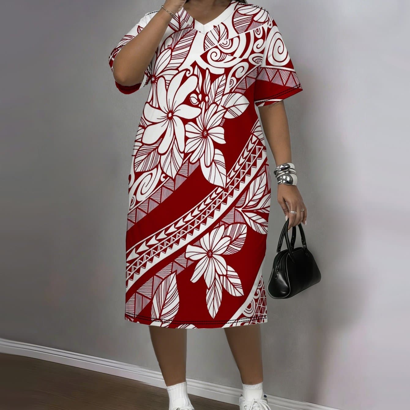 TEMU Polynesian Size Casual V-neck T-shirt Dress With Print Design