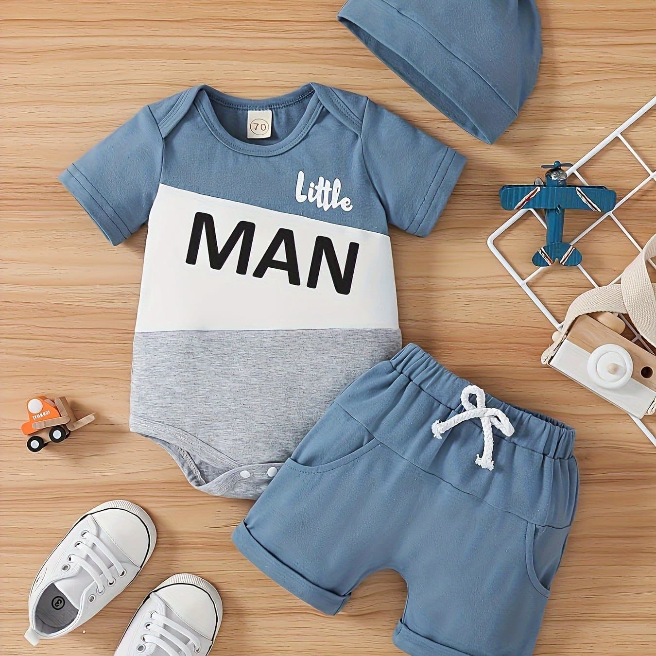 TEMU 3pcs Baby Boy Summer Print Jumpsuit Shorts And Hat Set, For Outdoor