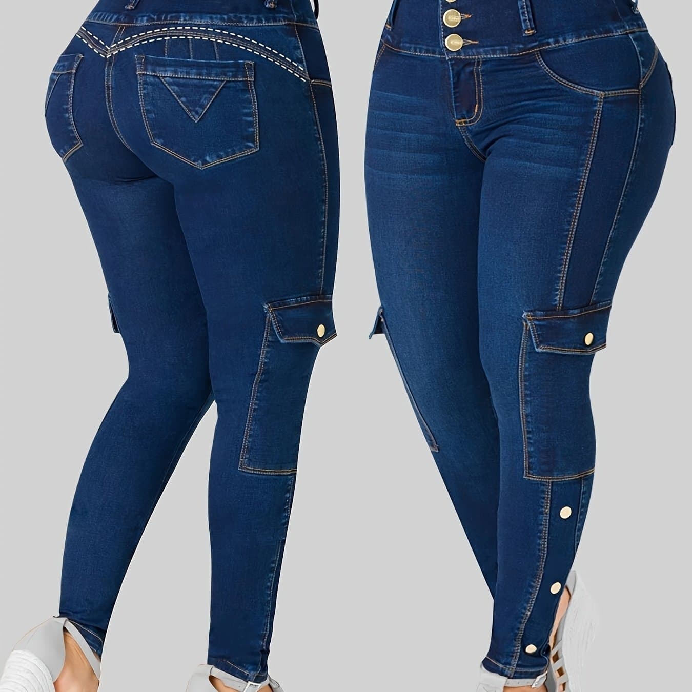 TEMU Women's Stretch Fashionable Mid Fit Small Leg Jeans, 3 Button Waistband, All Season , Comfortable Material, Solid Color, Machine Washable, Daily Home, Outdoor Sports, Street Wear