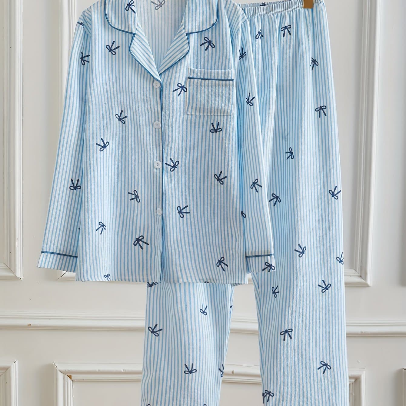 TEMU Bubble Ruffle Thin Stripe & Bow Print Women's Pajama Set, Contrast Trim Lapel Button-up Long Sleeve And Trousers Sweet