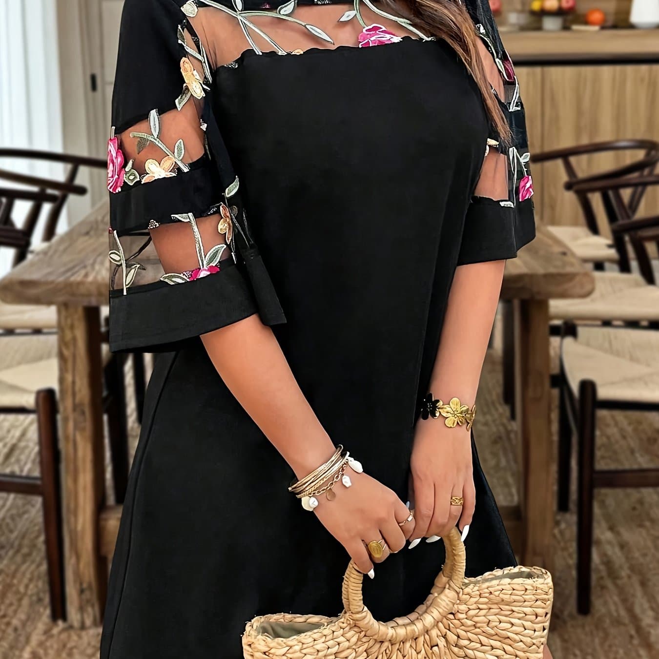 TEMU Plus Size - This Extra-large, Asymmetrical Mesh Soft Twill Short-sleeved Boat Neck Casual Dress Has A Straight-leg A-line Silhouette And Is Perfect For Going Out, Vacations, And Commuting