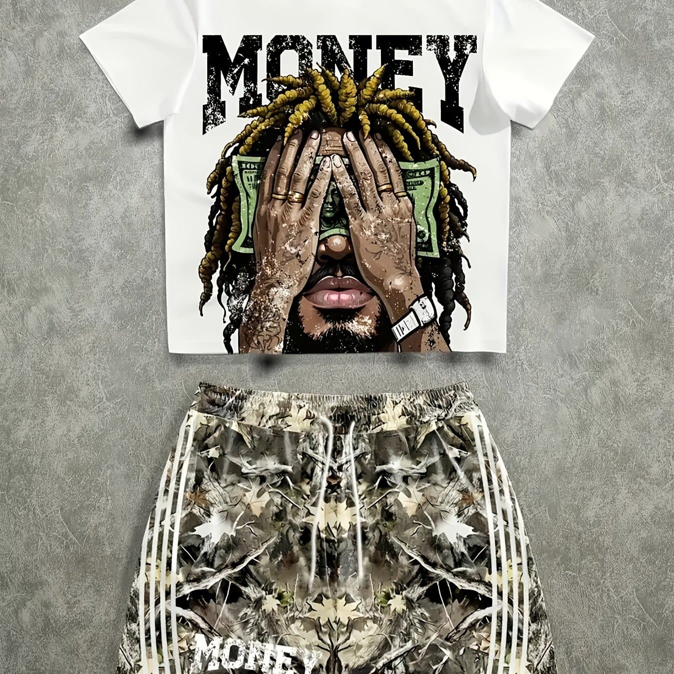 TEMU 2pcs Men' Dreadlock Print T-shirt + Tie-dye Shorts Set, Breathable Stretch Knit Fabric, Crew Neck, Machine Washable, Party Wear, Style Outfit! A Must-have For
