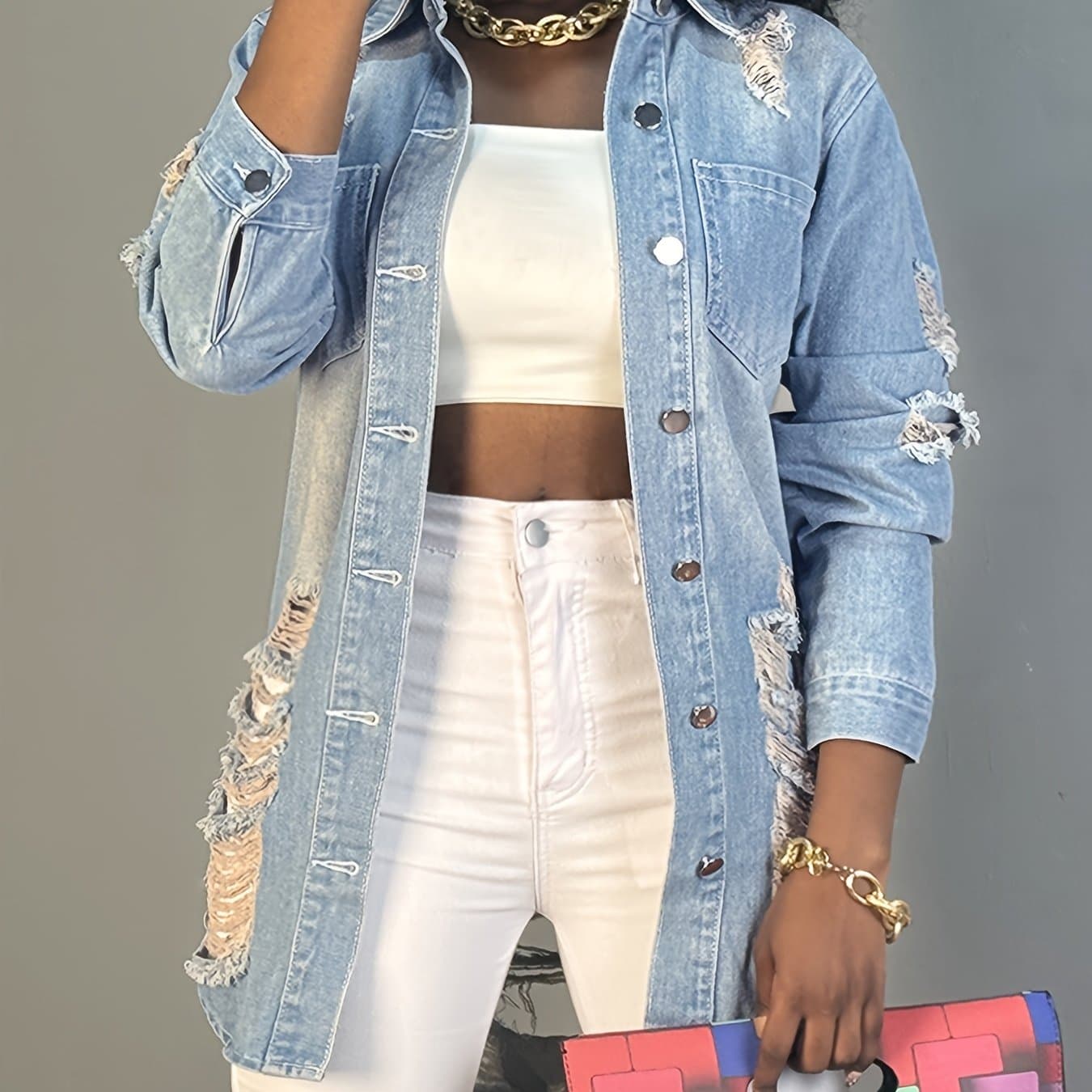 TEMU Chic Casual Women's Distressed Slim Fit Denim Jacket