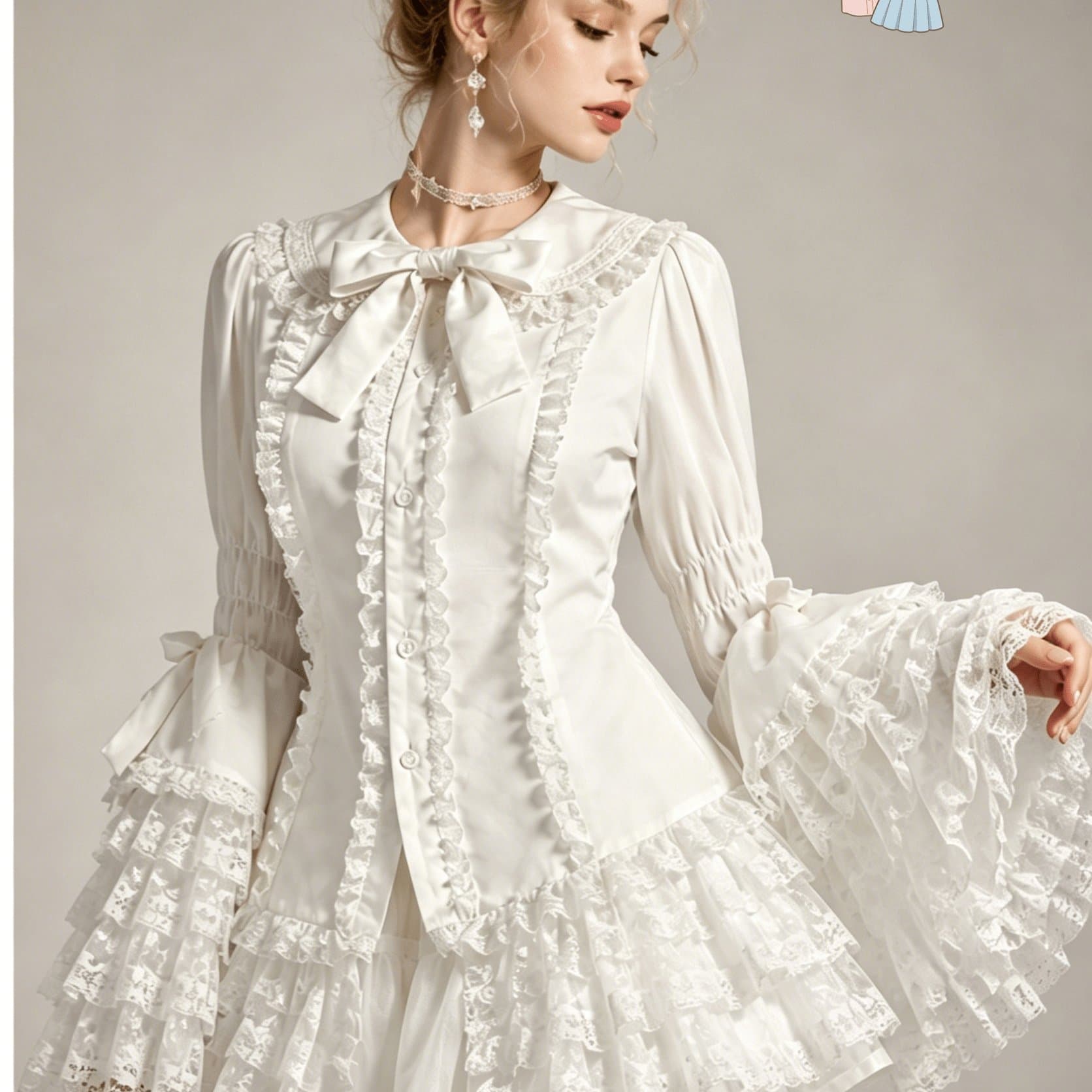 TEMU Women's Spring, Summer And Fall Vintage Bow Heavy Lace Ruffle Sleeve Lolita Style Blouse, Multi-layered Design Long Sleeve, Suitable For Daily Party Wear With Skirt, Comfortable Inner Wear
