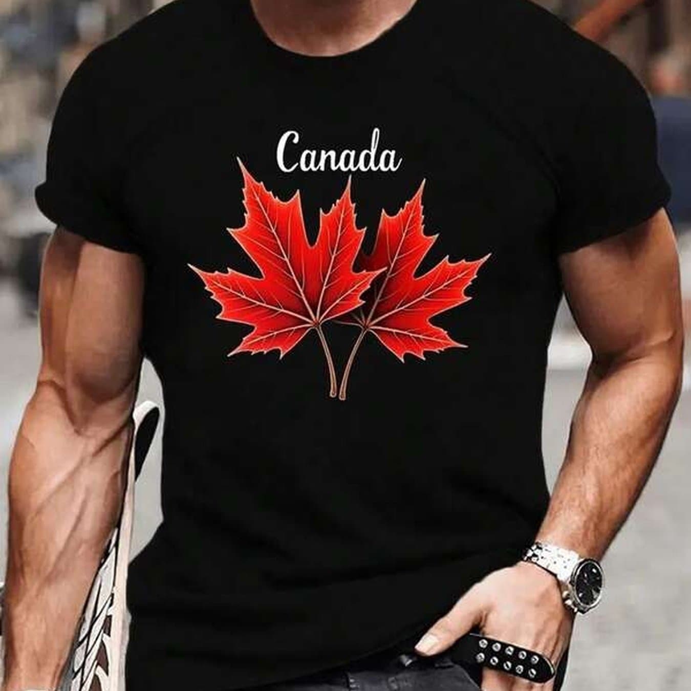TEMU S T-shirt Featuring Leaf Design From Canada, Breathable Summer Casual, Machine Washable Summer Wear, Relaxed Style T-shirt