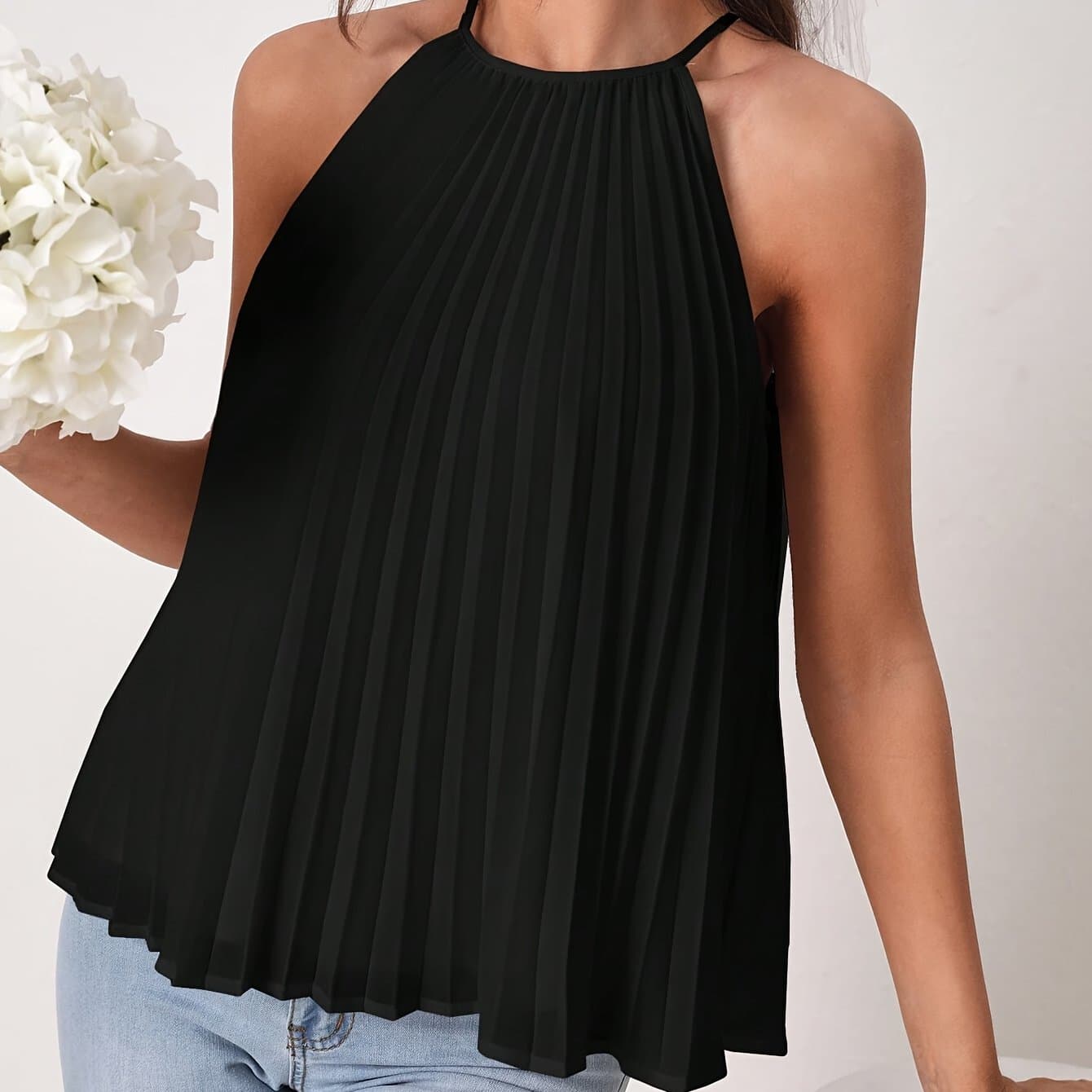 TEMU Solid Pleated Halter Top