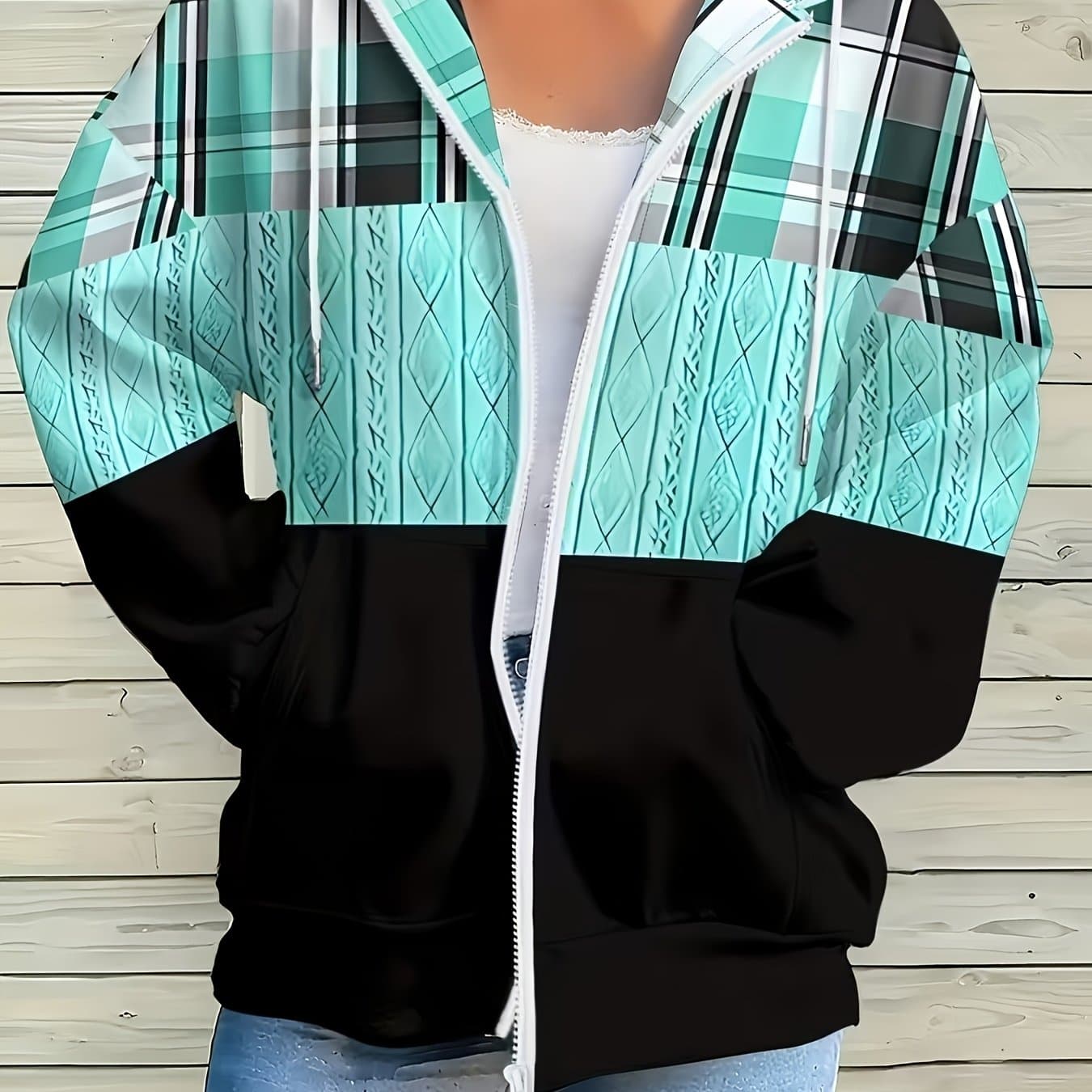 TEMU Uue Women's Color-block Print Zip-up Hoodie- Full-zip Front, Casual Sweatshirt For Fall/winter, Trendy Outerwear