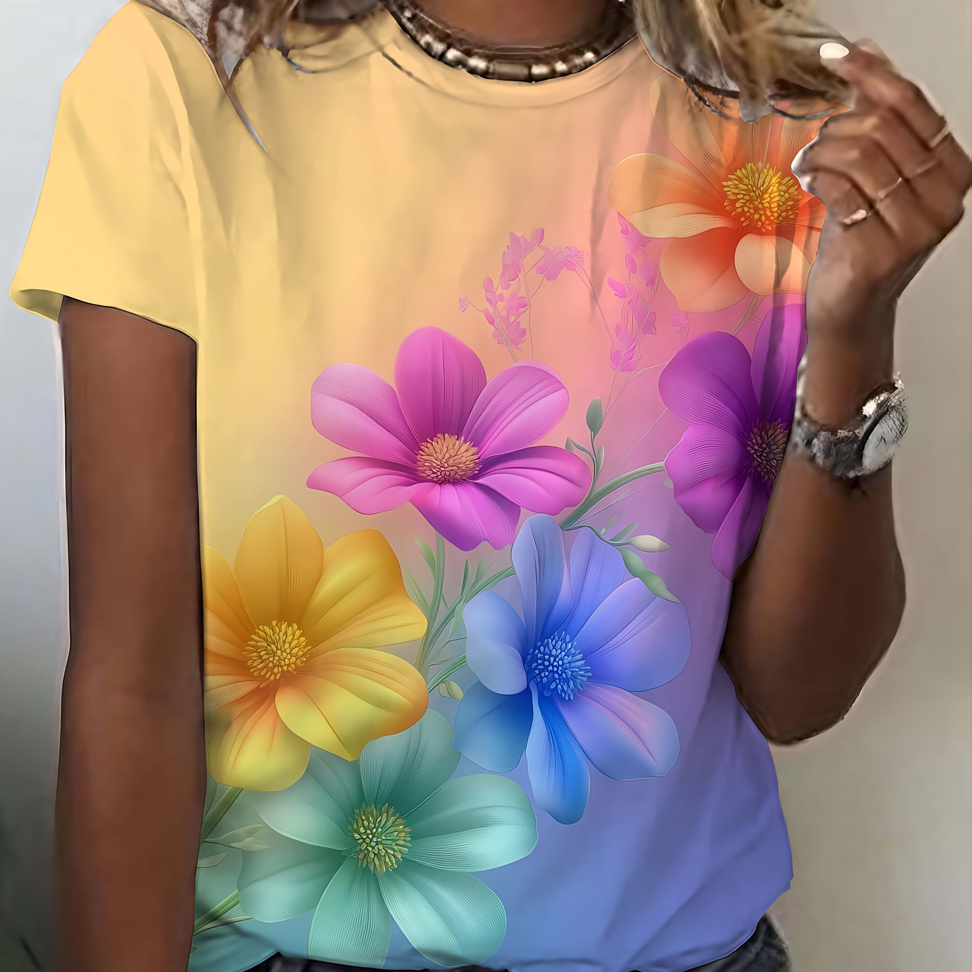 TEMU Women's Ombre T-shirt To Blue Gradient Short Sleeve Round Neck Blouse Suitable For Spring Summer Fall Casual & Festive Outfits, Machine Washable Ombre -xxl Transition Shirts