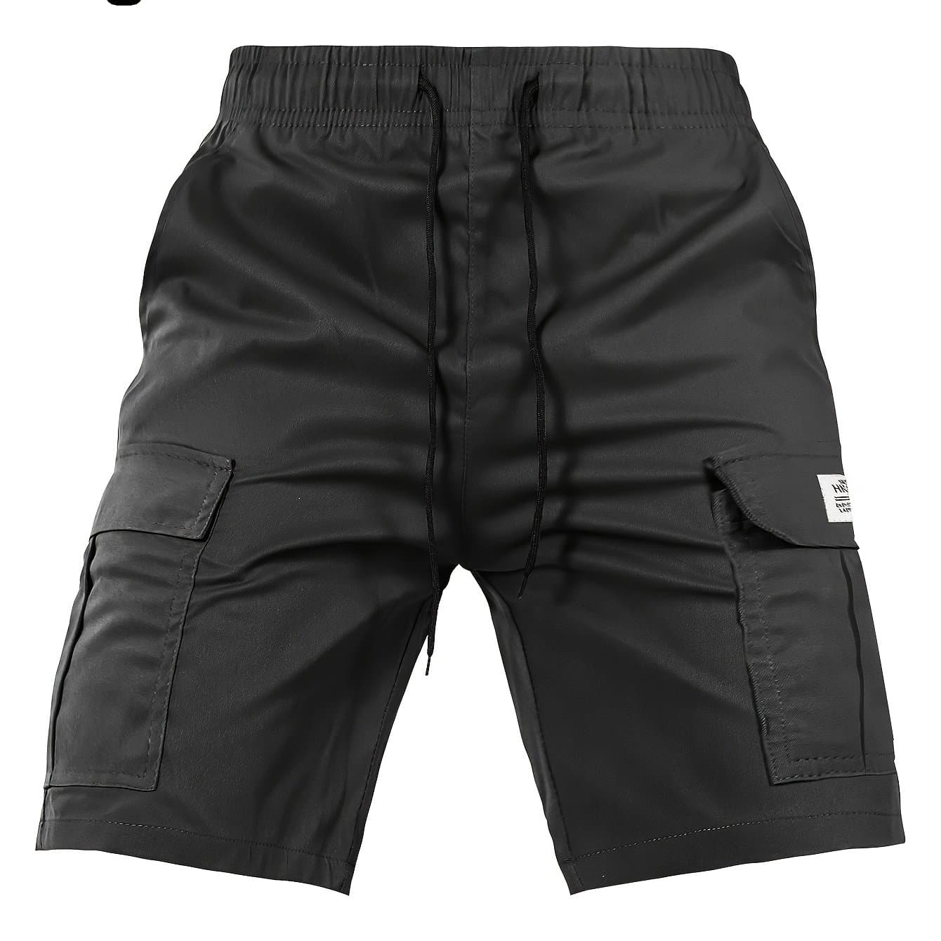 TEMU Men's Casual Cargo Shorts With Drawstring Waist, Flap Pockets And Letter Patch - Breathable Polyester, Regular Fit, Solid Color For Summer, Summer Casual Wear| Shorts|pocketed Short