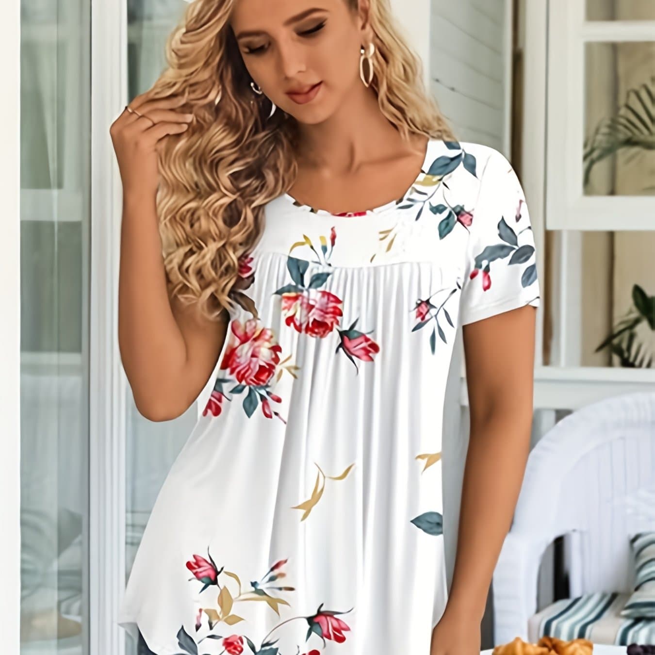 TEMU Elegant Women's Floral Print Short Sleeve T-shirt - Summer Loose Casual Top, Vibrant Design, Breathable Fabric, Stretch, Lightweight And Fashionable, Stretchy Material