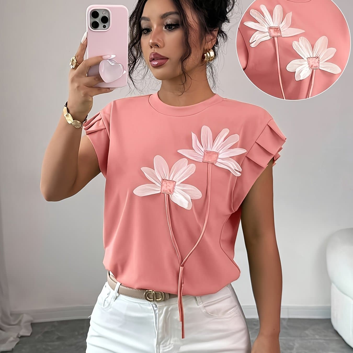 TEMU Women's Summer Cute Color Block 3d Flower T-shirt