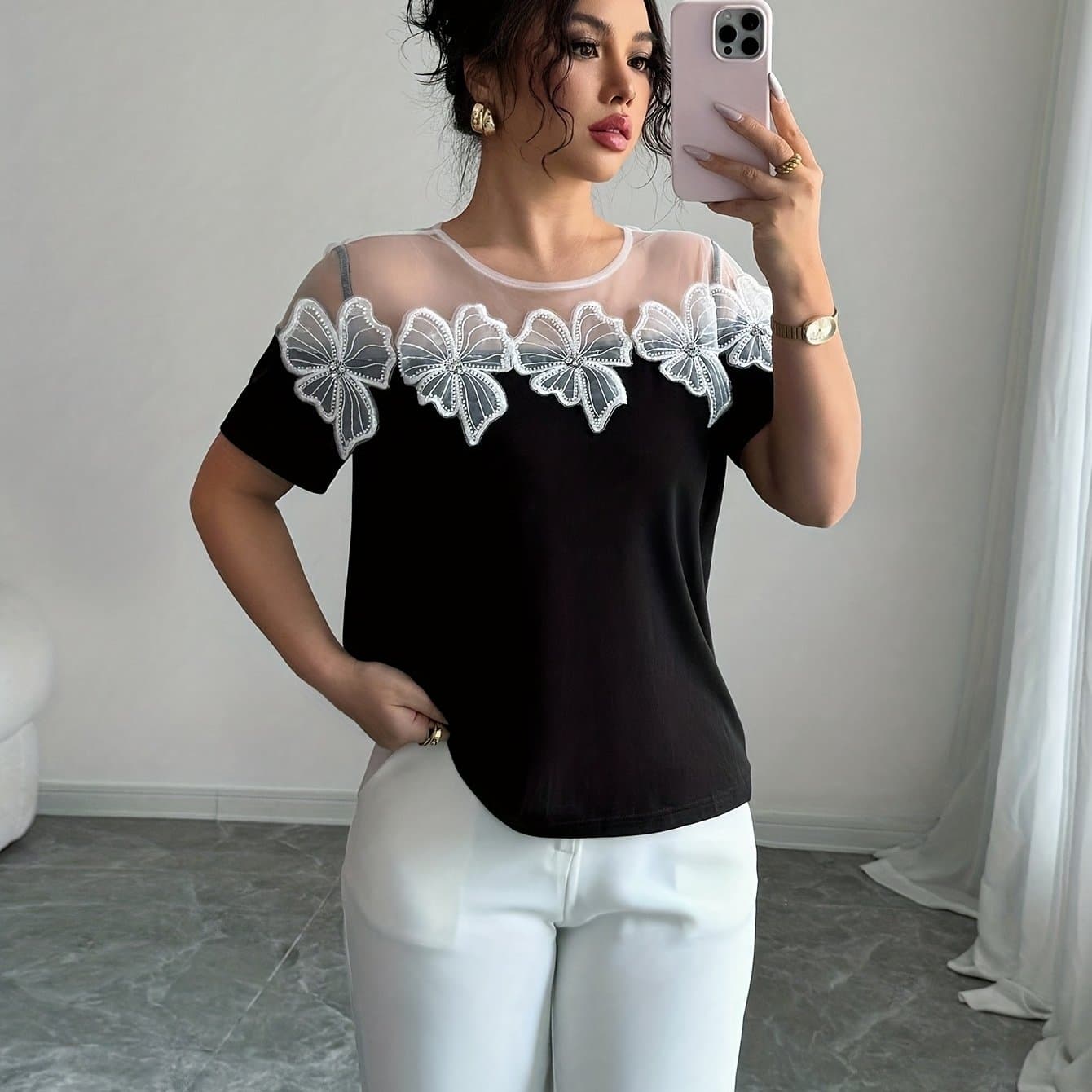 TEMU Easy Elegant Fashion Collar Short Sleeve T-shirt, Suitable For Summer Wear