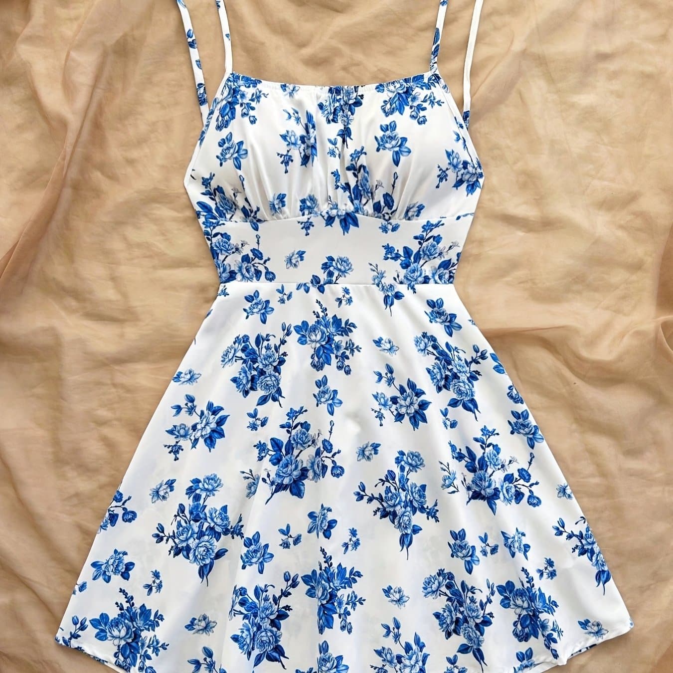 TEMU Women's Blue And White Printed Backless Dress For Holidays
