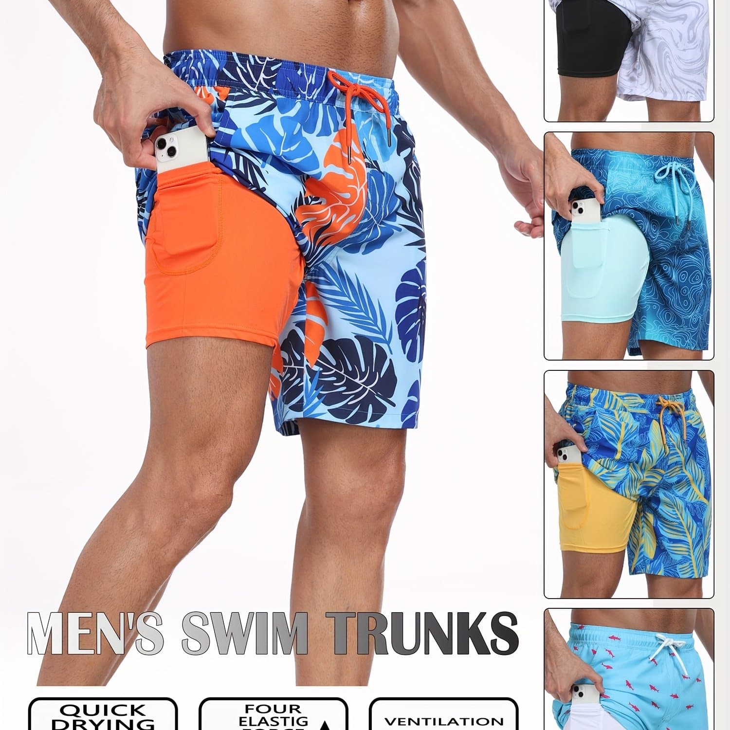 TEMU Men's Quick-dry Swim Trunks With Side Pocket - Stylish Marbled Pattern, Drawstring Waist, Breathable Polyester Blend For Beach, Pool, And Sports