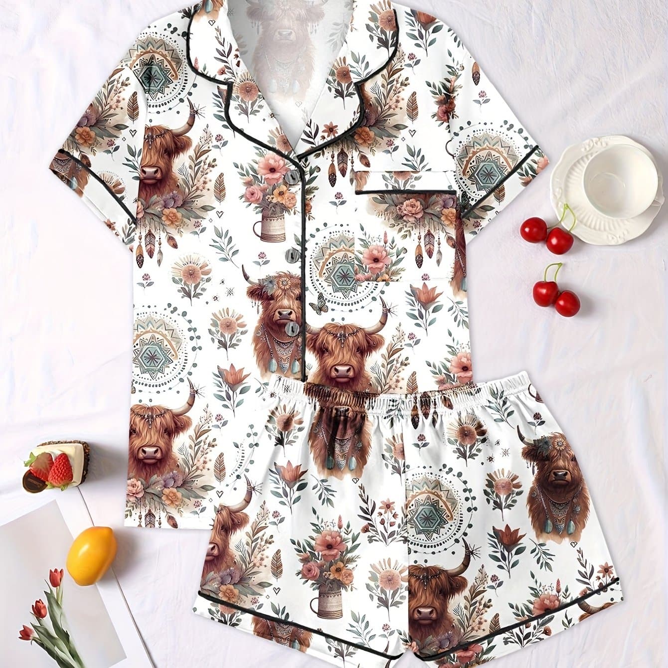 TEMU Casual Women's Pajamas, Satin White Background Floral Necklace Yak Pattern, Comfortable Casual Pajamas And