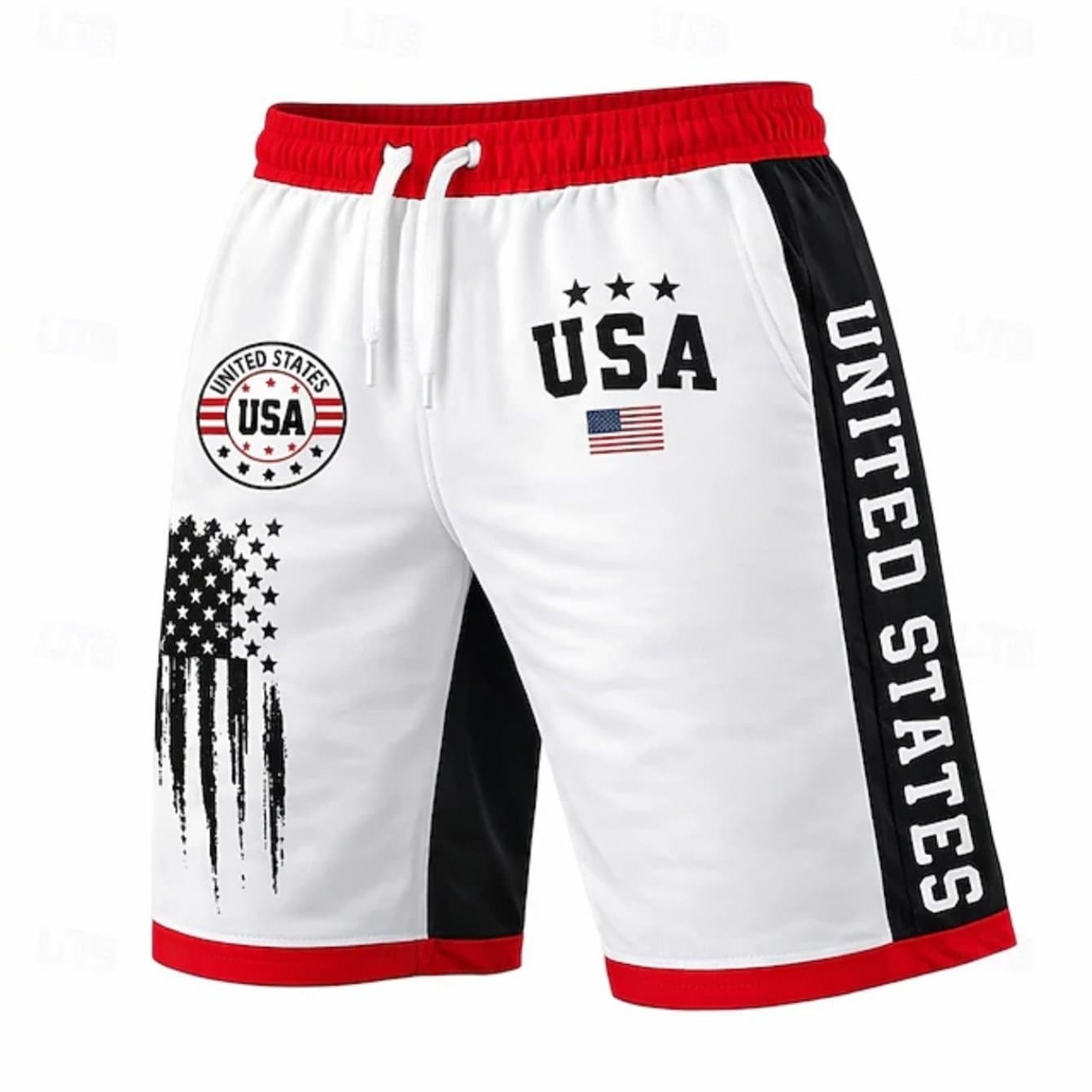 TEMU Men's Polyester Usa Flag Print Shorts, Casual Drawstring Elastic Waist Athletic Shorts, Patriotic American Flag Graphic Summer Beach Shorts For Daily Wear, Gym, Vacation
