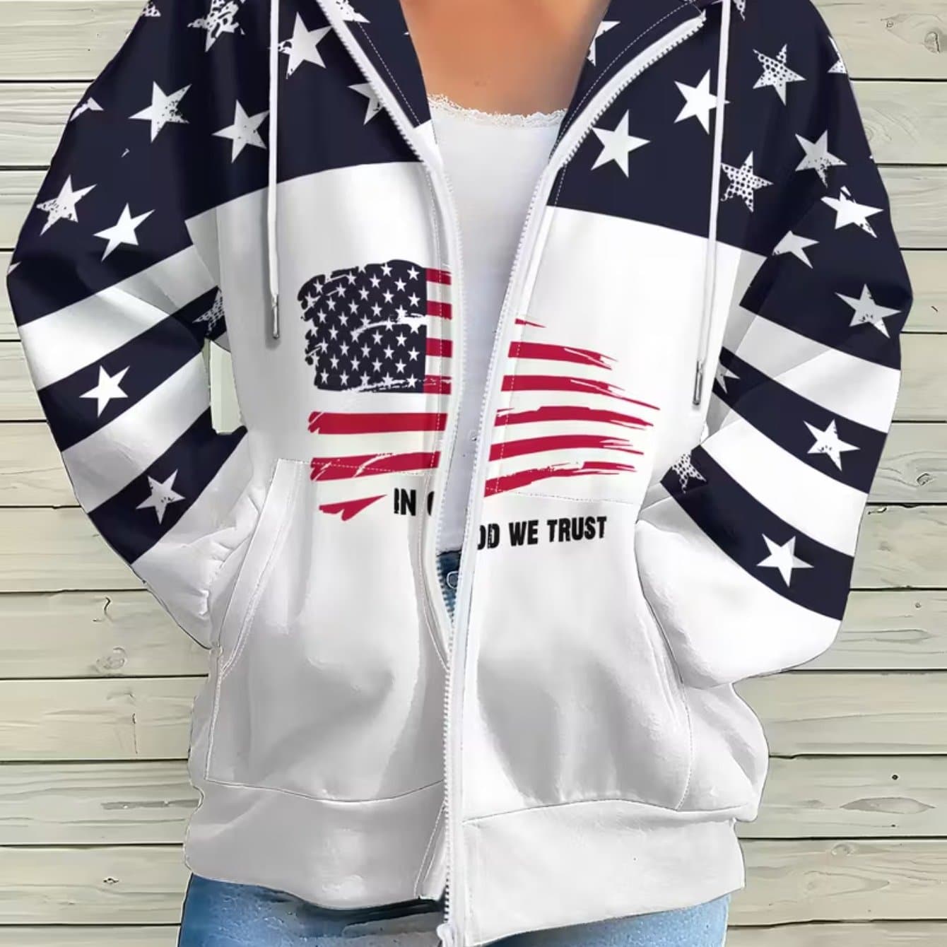 TEMU Women's Plus Size Navy & White 3d Full-body Print Zip-up Hooded Jacket - -neck Sweatshirt With Pockets, Loose Fit Winter Coat, Machine Washable For Autumn And Winter