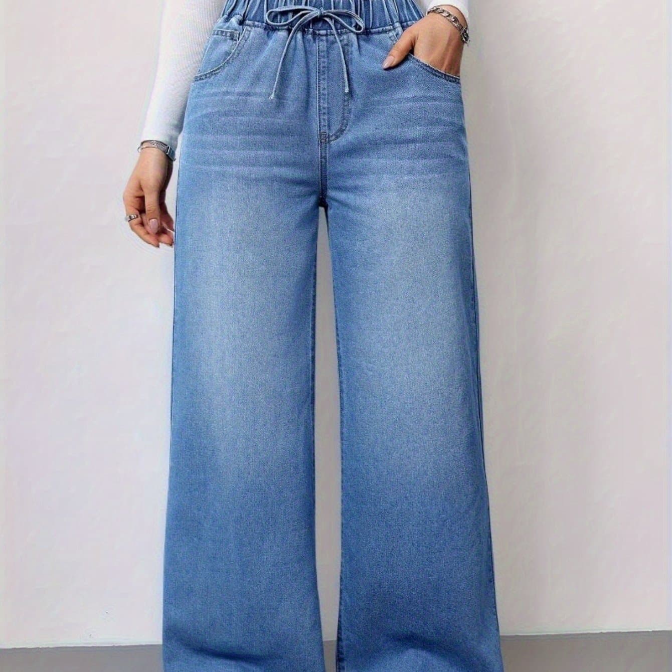 TEMU 2025 Autumn And Winter New High-waisted Wide-leg Jeans Solid Color Washed Super Elastic Waist Thin Pants