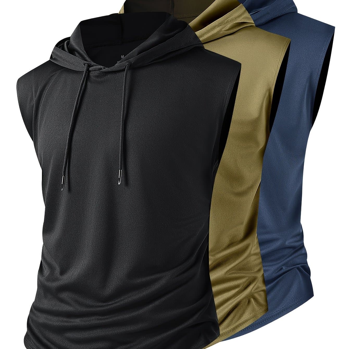 TEMU 3-piece Set Summer Men's , Comfortable And Breathable, Men's Casual Hooded Vest T-shirt