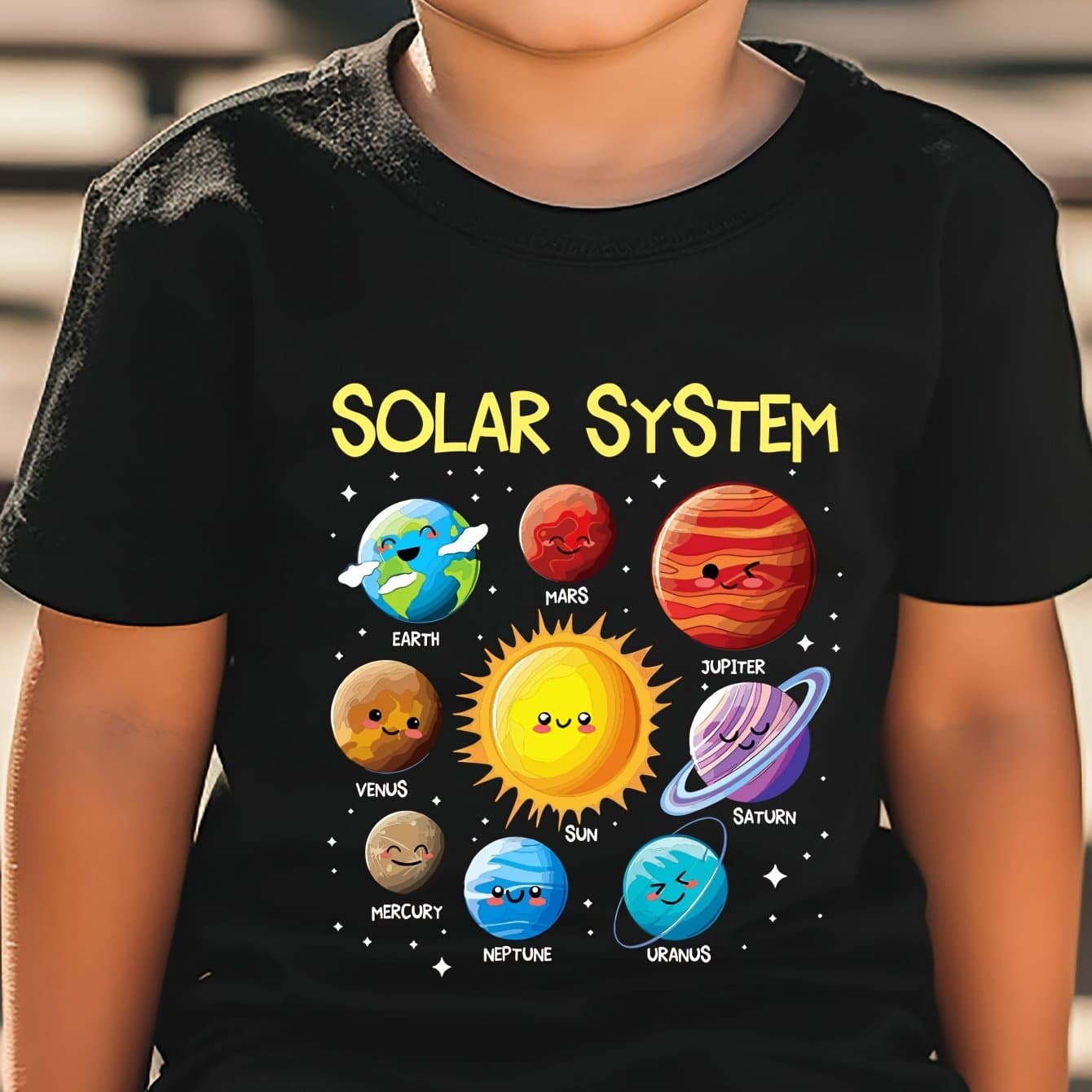 TEMU Cotton Short Sleeved Boys' T-shirt. Solar System Letter Print And Planet Pattern Print. Casual Versatile Round Neck Short Sleeved Top