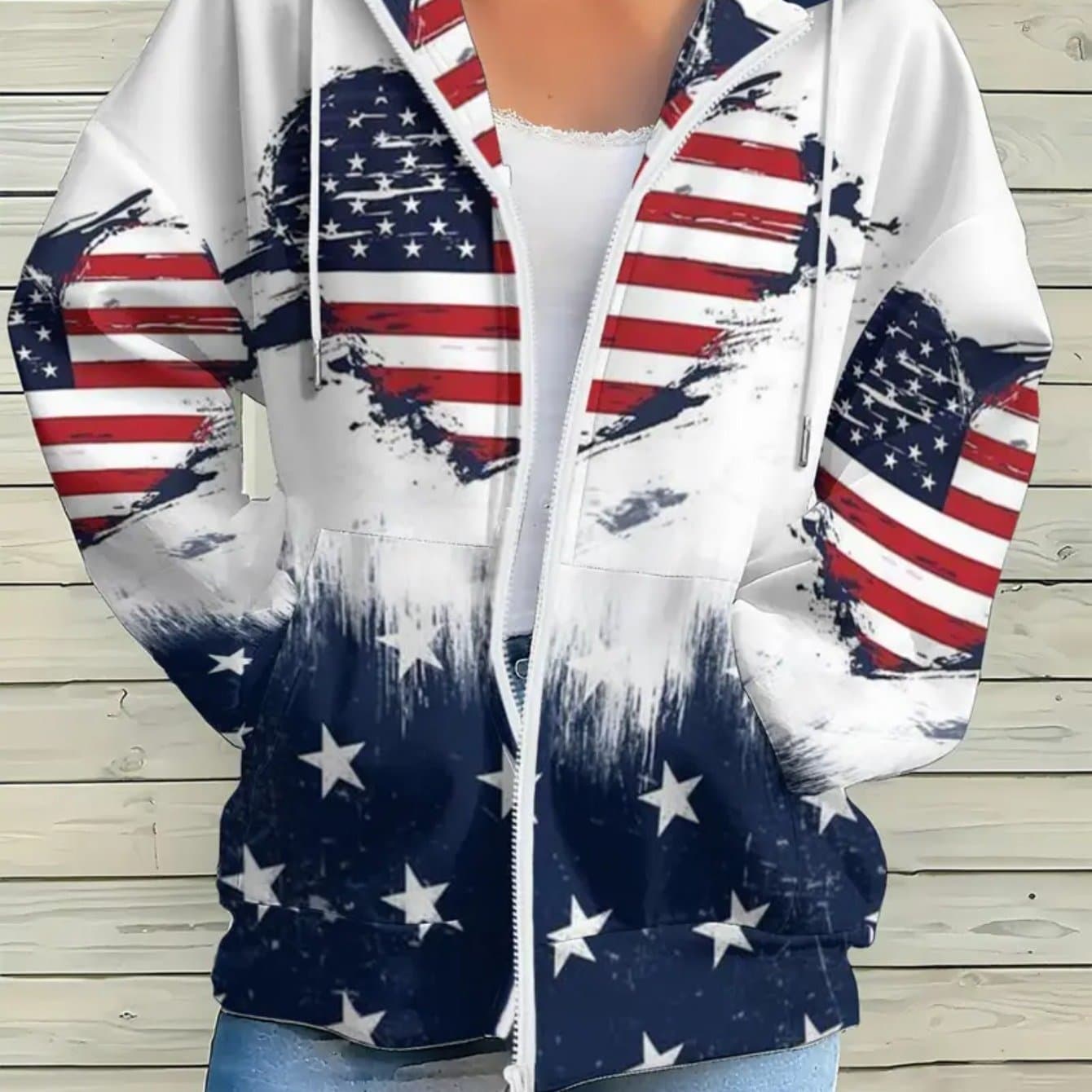 TEMU Plus Size, Women's 3d Flag And Stars, Love Print Zip-up Hoodie Jacket - Casual Loose Fit Sweatshirt With Pockets, Long Sleeves, And Front Zipper Detail V-neck Design, The For Autumn And Winter.