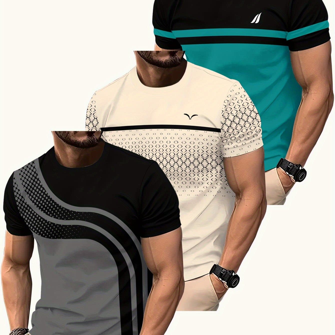 TEMU 3 Men's Fashion Print T-shirts - Casual Crew Neck, Polyester, Summer Collection, Striped Design, Knitted Fabric, Regular Fit - Perfect For Casual Wear