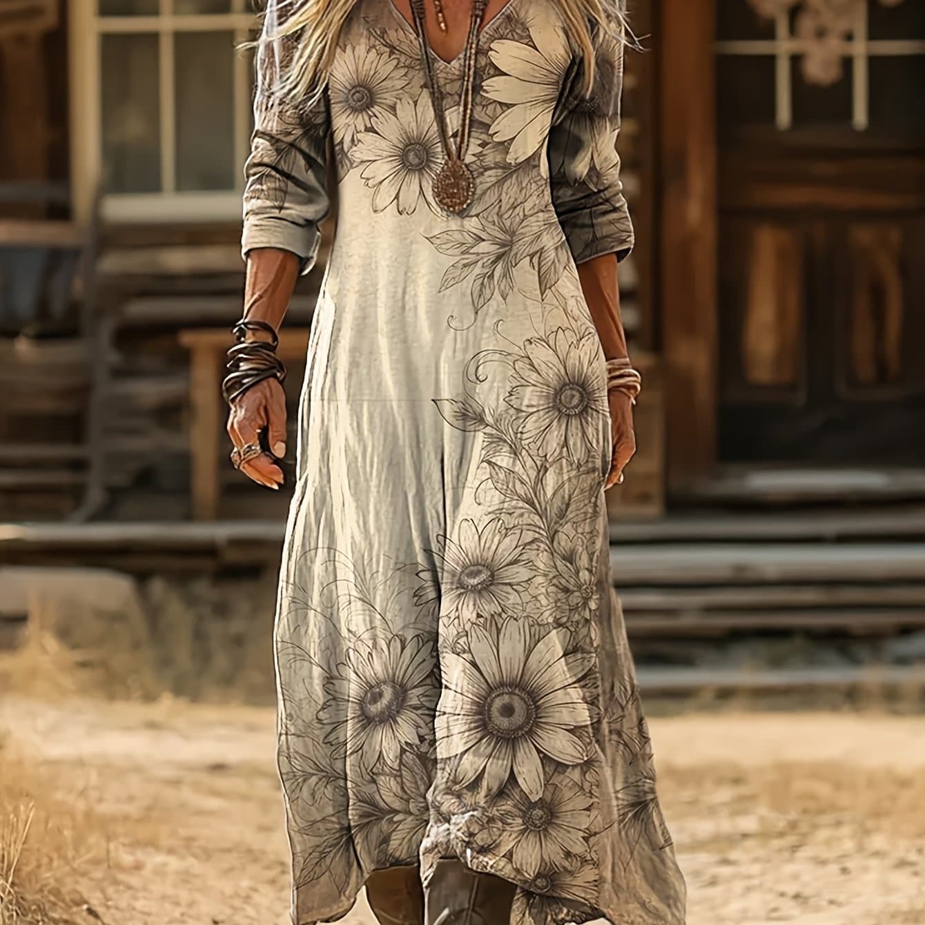 TEMU Women' Daisy Dress - Loose Fit V-neck Long Sleeve Maxi Dress Suitable For Western Countryside Style, Spring/autumn Daily Wear, Casual Dress