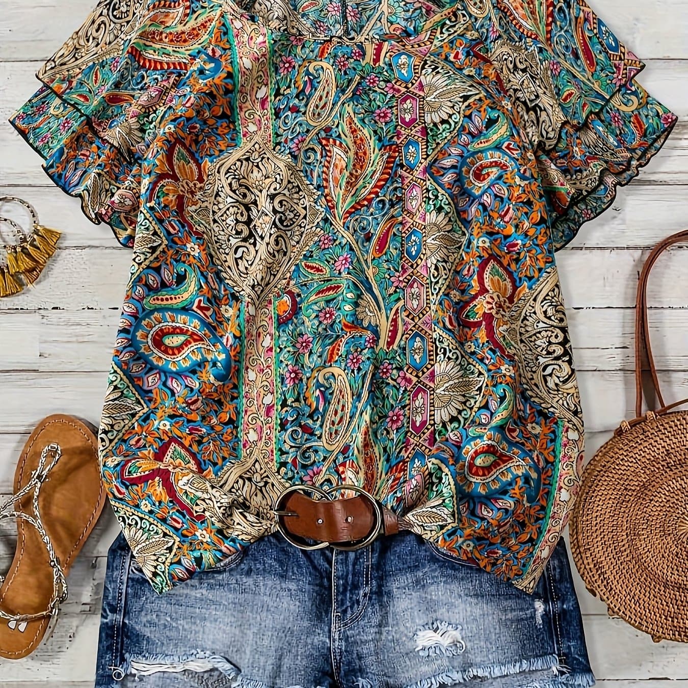 TEMU Plus Size, Plus Size Women's Top Summer Fashion Round Neck Double-layer Short Sleeve Blouse