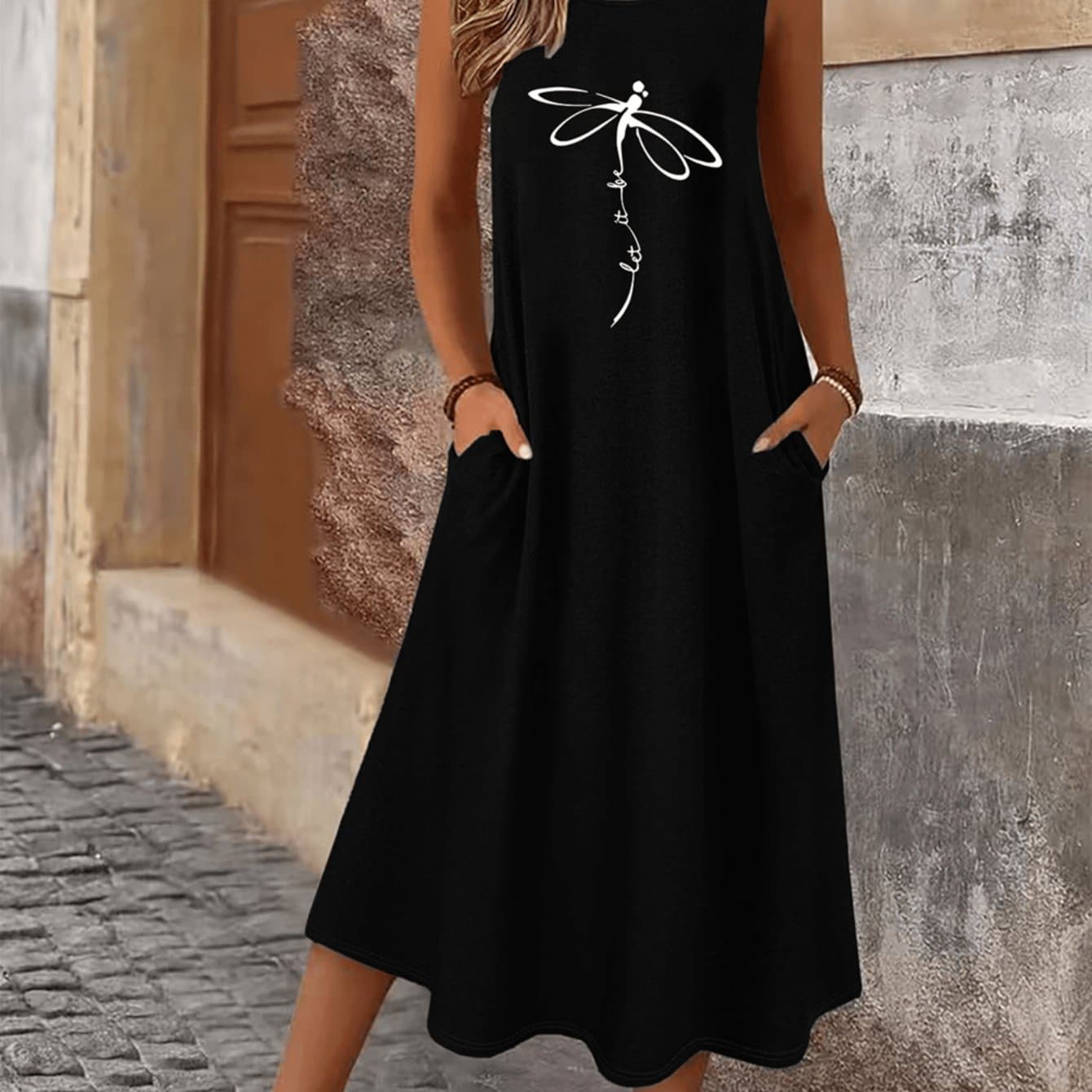 TEMU Women's Sleeveless Dragonfly Print Vest Dress With Pockets - Round Neck Midi/long Dress, Pocketed Hem & Blouse-compatible For , Machine Washable Elastic Suitable For For Body Types