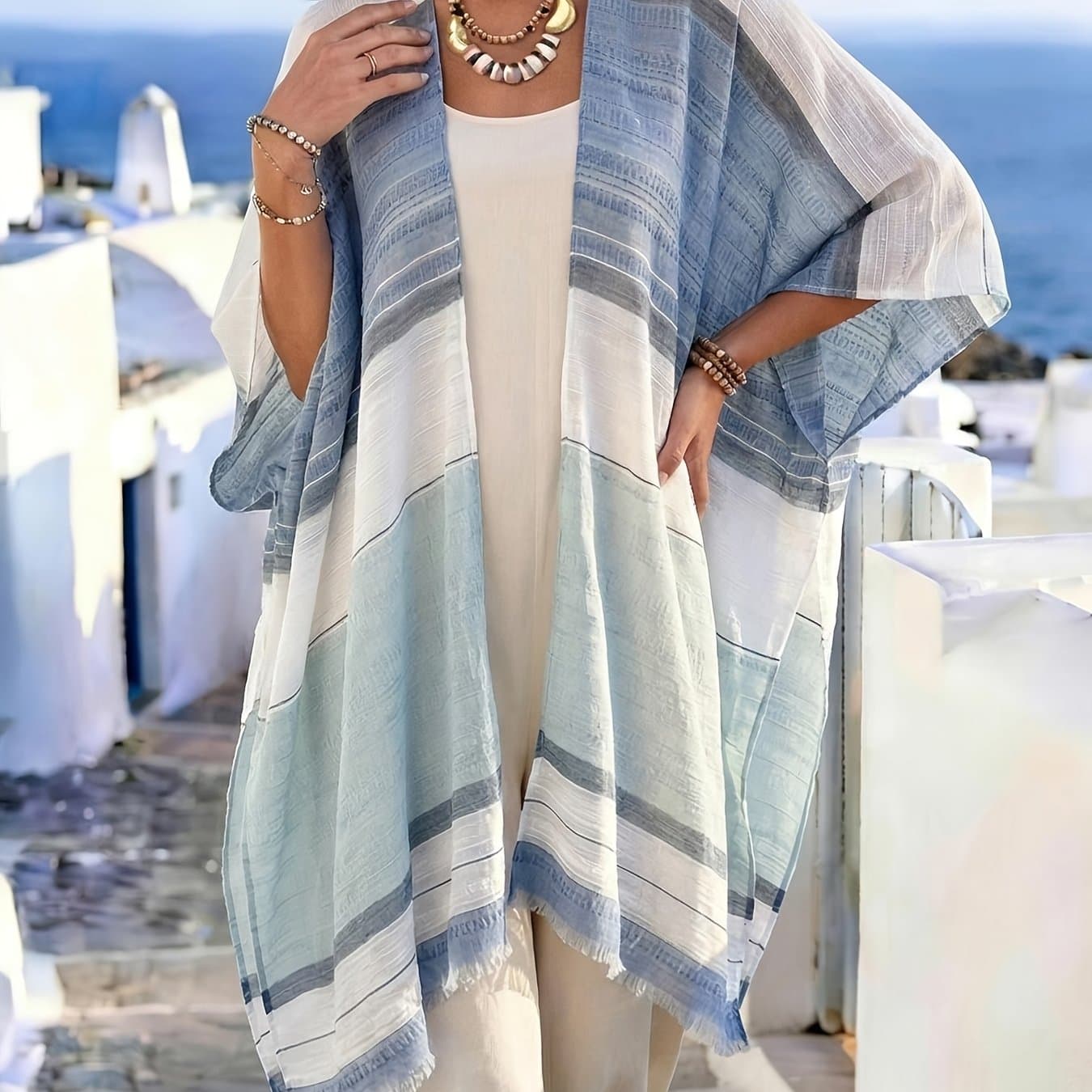 TEMU Plus Size - Plus Size - Women's Bohemian Blue White Gradient Striped Open Front Long Cardigan Shawl