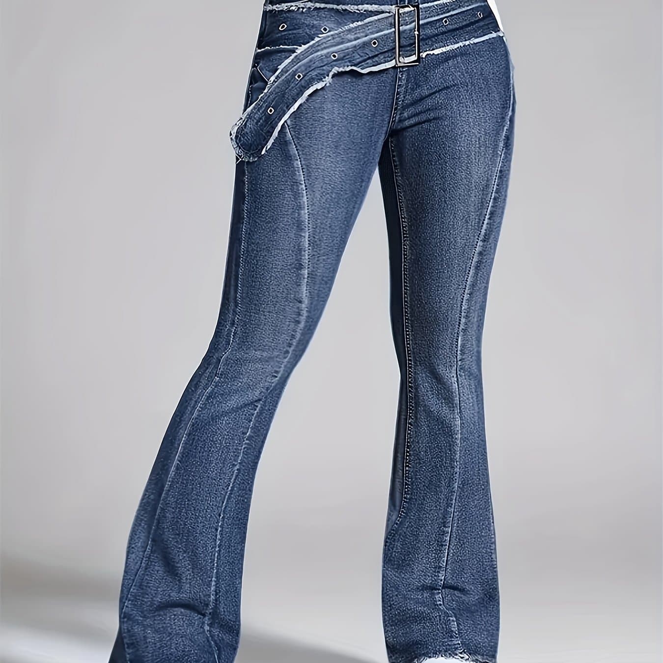 TEMU Ladies' Retro Washed Fringed Fake Waistband Design With Curved Edge And Slightly Flared Jeans