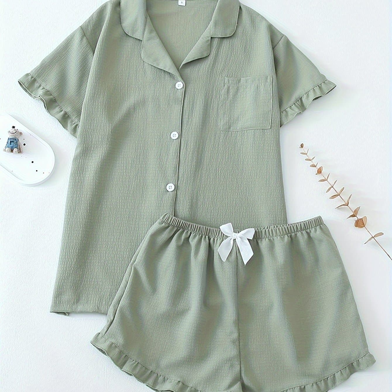 TEMU Lotus Leaf Edge Lady's Lapel Solid Color Pajamas Set