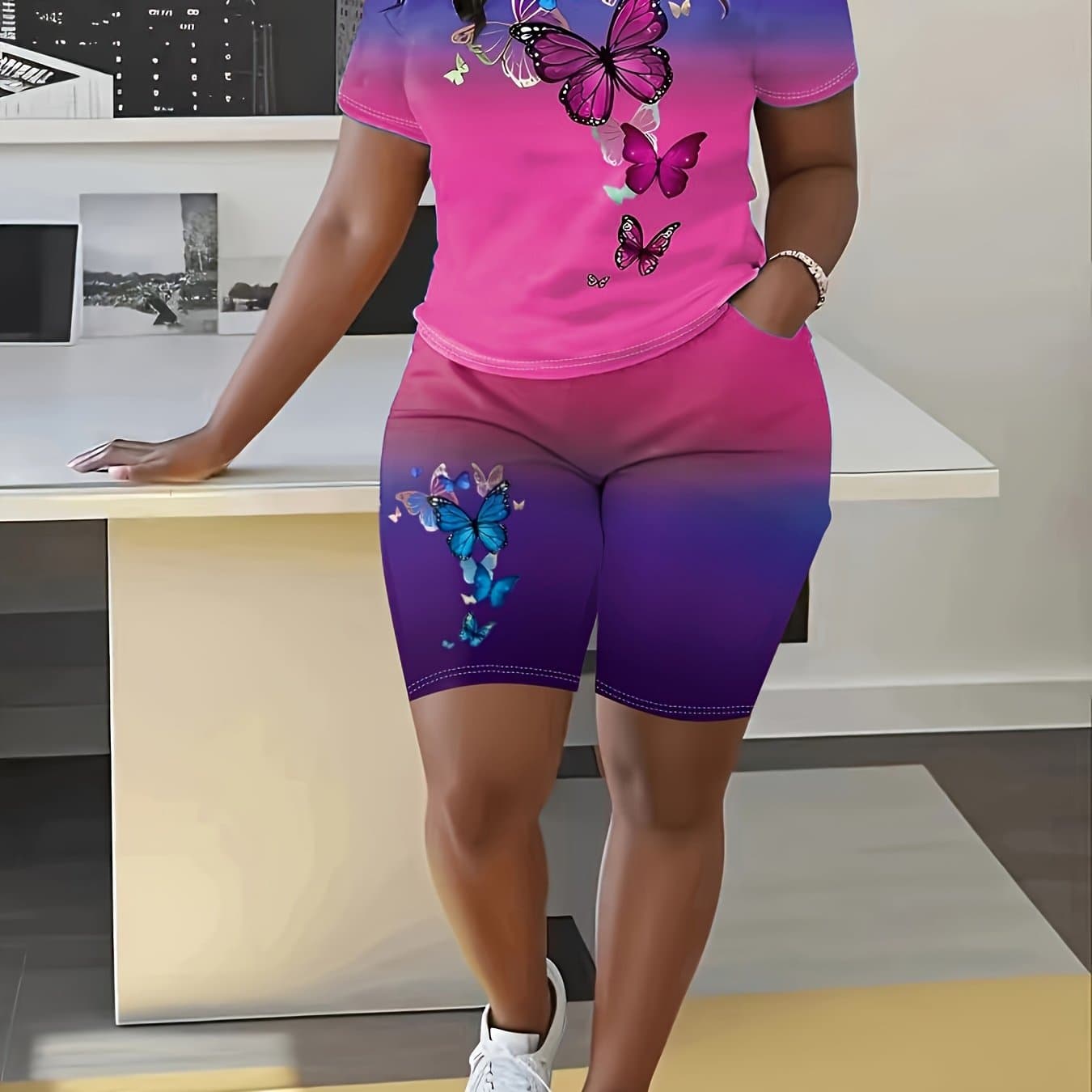 TEMU Plus Size Print Ombre Two-piece Set, Crew Neck Short Sleeve Top & Shorts Outfits, Women's Plus Size clothing