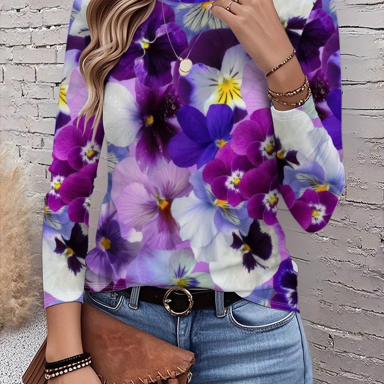TEMU Floral Floral Print Colorful Elegant Full-body Graphic Print T-shirt, Long Sleeve Crew Neck Casual Top, Spring Autumn, Women's Clothing-085 Positioning