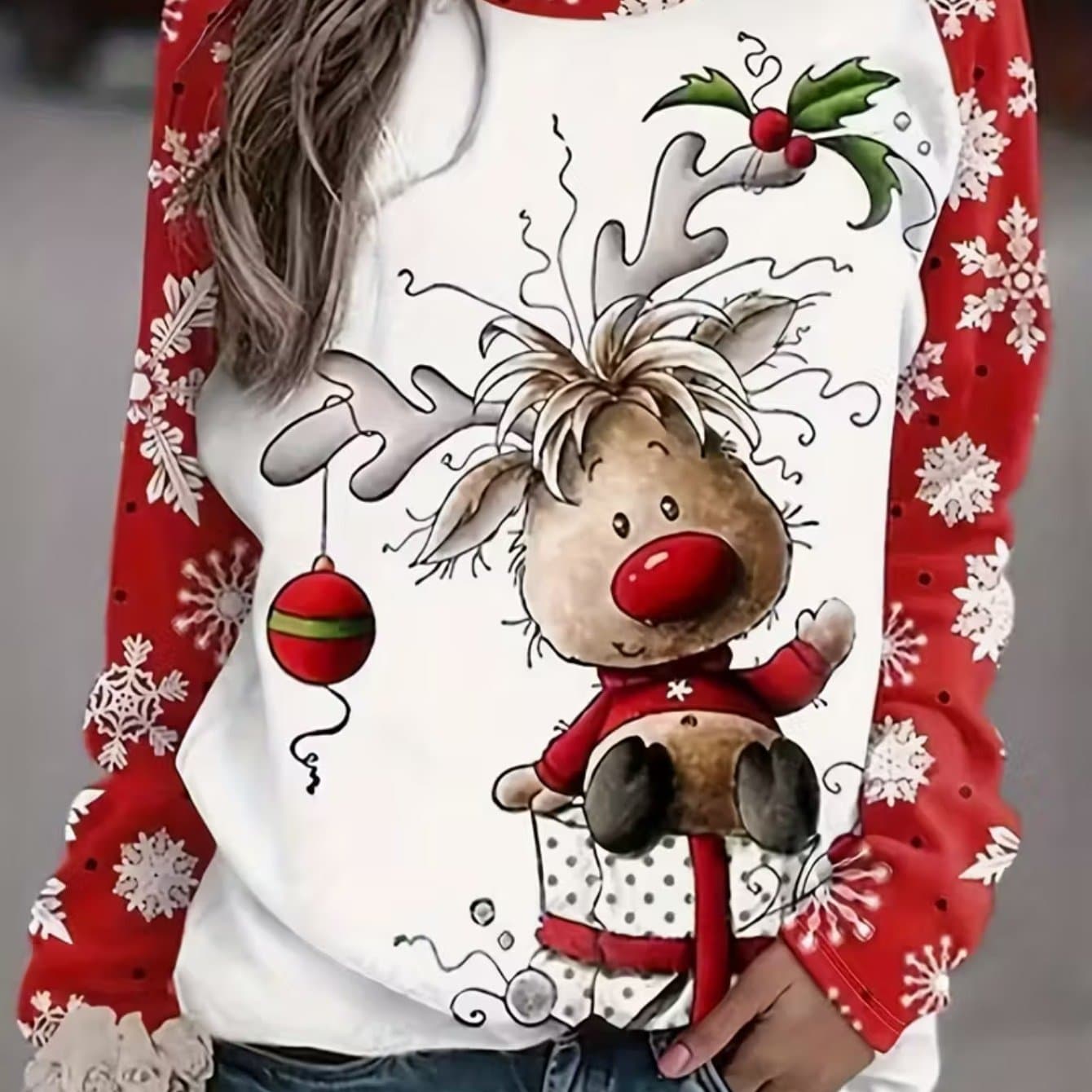 TEMU Long Sleeve Casual T-shirt With Red And Polka Dots - Made From Soft Medium Stretch Material, Featuring A Round Neck And Relaxed Fit For Comfortable Wear - Ideal For Everyday Use, Work, Or Leisure