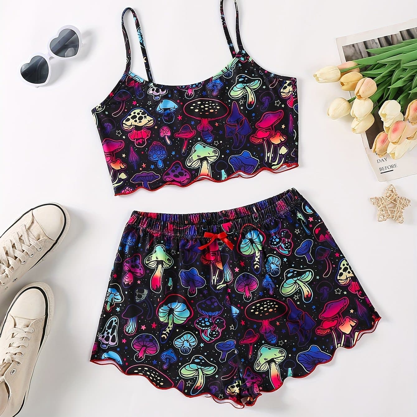 TEMU Colorful Mushroom Print Pajama Set With A Camisole Top And Shorts For