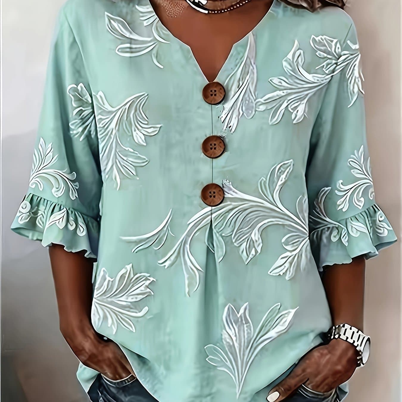 TEMU Plus Size - Plus Size - Women's Floral V-neck Short Sleeve Printed Retro Spring Summer Casual Top thumbnail 2
