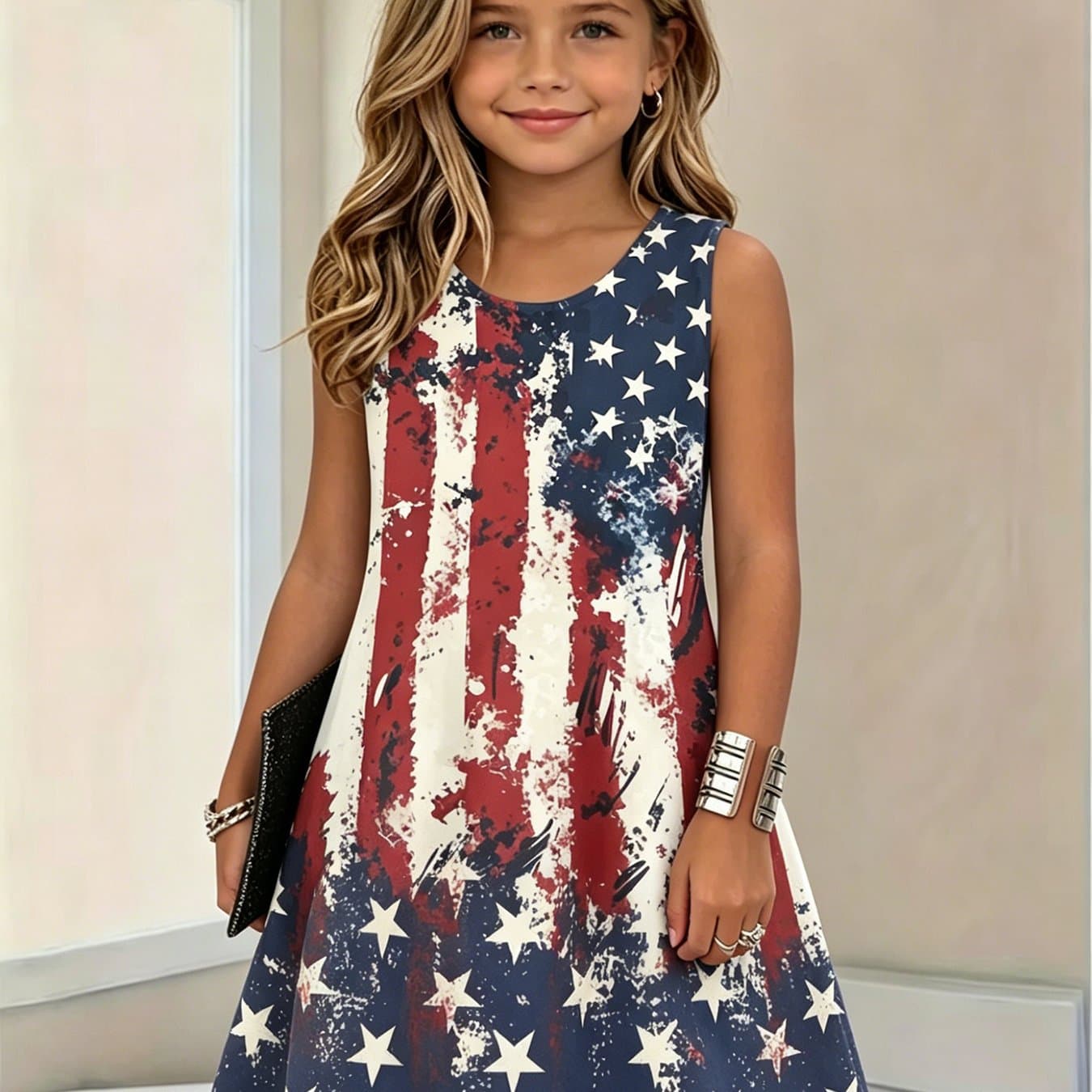 TEMU Summer Girls' Sleeveless Dress With American Flag Print, Loose And Comfortable, Suitable For Outdoor Activities And Patriotic Holidays, Soft Fabric, Versatile And Stylish