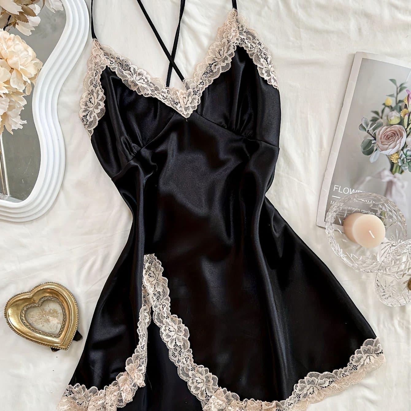 TEMU Valentine's Day Women's -like Nightgown - For V-neck Slip Sleep Dress With Lace Trim, Sexy Solid Color Sleeveless Sleepwear - For Women - Suitable For All - Perfect Gift For Her