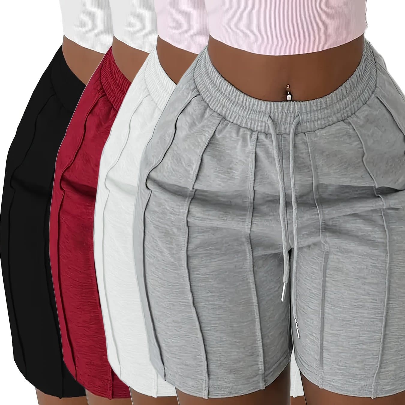 TEMU 4-pack Women's Casual Elastic Waist Drawstring Shorts With Side Pockets - Solid Color Lounge Shorts For Spring Summer Fall, Machine Washable (/), Seasonal Clothing, ,