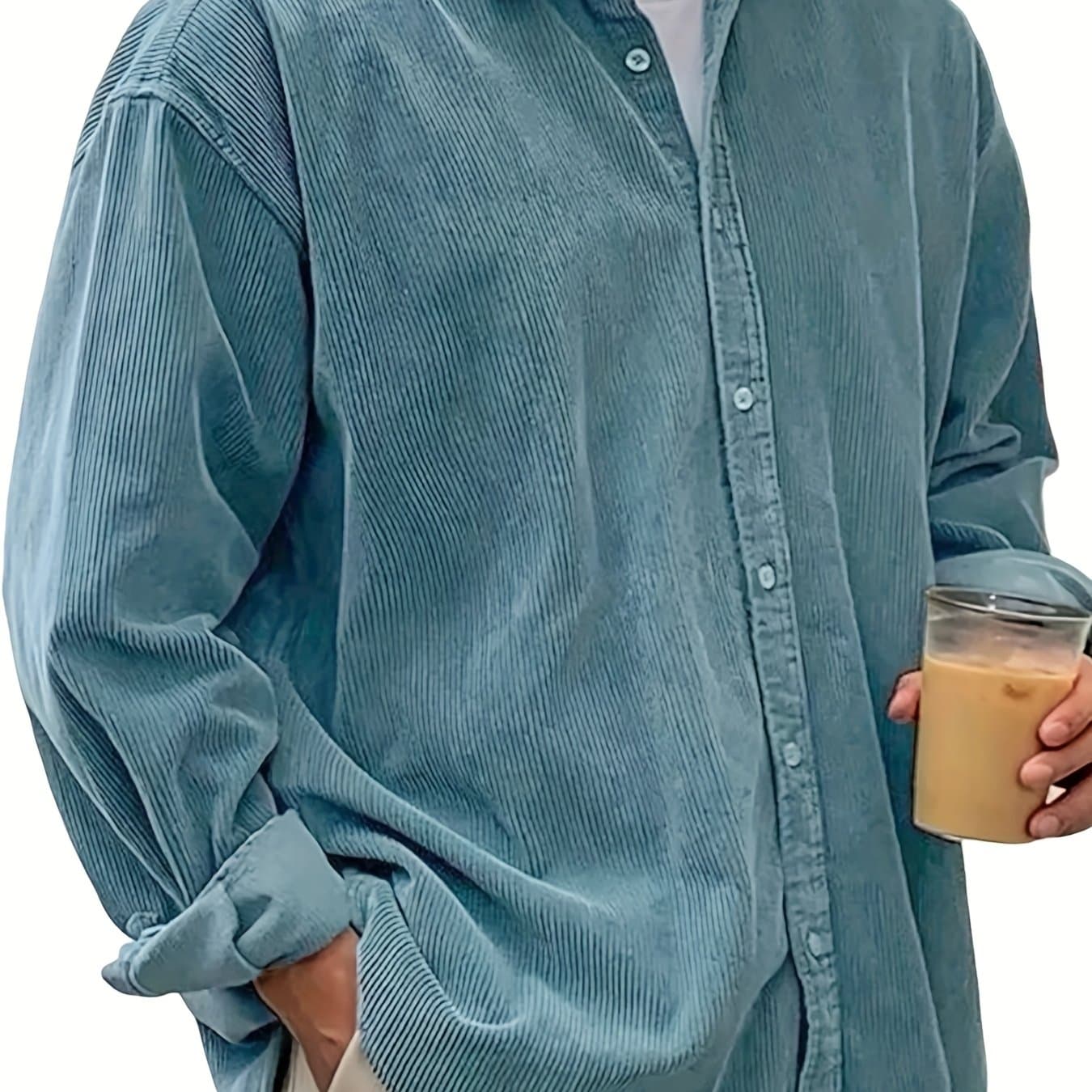 TEMU Spring/summer Men's Loose-fit Corduroy Button- Shirt - Vintage Casual Long-sleeve Daily Wear